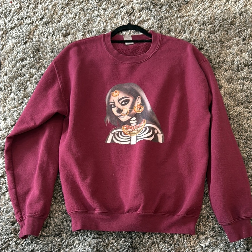Burgundy Sweatshirt with Artistic Skeleton Design